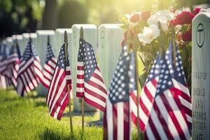 ai generato militare lapidi e lapidi decorato con bandiere per memoriale giorno. ai generato foto