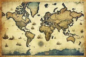 ai generato grande dettagliato illustrazione di il mondo carta geografica nel Vintage ▾ stile. ai generato foto