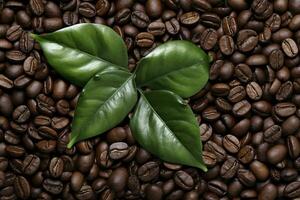 ai generato verde le foglie con caffè fagioli come sfondo. ai generato foto