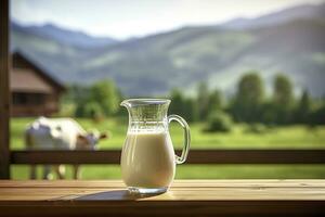 ai generato bicchiere brocca con fresco latte su un' di legno tavolo. ai generato foto