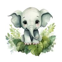 ai generato contento carino bambino elefante nel verde le foglie nel il acquerello stile. ai generato foto