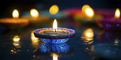 ai generato contento diwali. diya olio lampade erano illuminato durante il celebrazione. ai generato foto