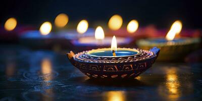 ai generato contento diwali. diya olio lampade erano illuminato durante il celebrazione. ai generato foto