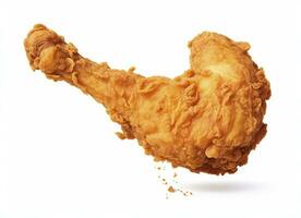 ai generato fritte pollo gamba caduta nel il aria isolato su un' bianca sfondo. ai generato. foto