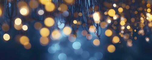 ai generato vacanza illuminazione e decorazione concetto, Natale ghirlanda bokeh luci al di sopra di buio blu sfondo. ai generato foto