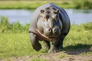 ai generato ippopotamo a piedi nel un' verde campo. ai generato foto