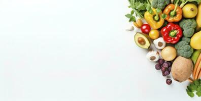 ai generato salutare cibo nel carta Borsa verdure e frutta su bianca sfondo. ai generato foto