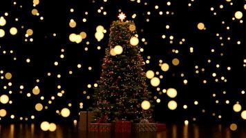 3d opera d'arte ,Natale albero decorazione con luce, bicchiere palla e rosso ornamenti su sfondo bokeh di lato tremolante leggero bulbi ghirlande per famiglia inverno vacanza. 8 mila risoluzione foto