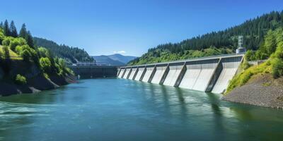 ai generato idroelettrico diga generando verde energia a partire dal fluente acqua. ai generato. foto