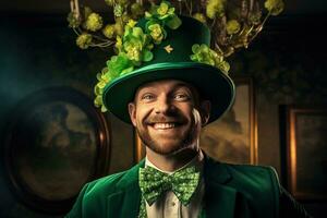 ai generato ritratto di un' contento fata con trifoglio le foglie. st. Patrick giorno. foto