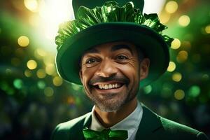 ai generato ritratto di un' contento fata con trifoglio le foglie. st. Patrick giorno. foto