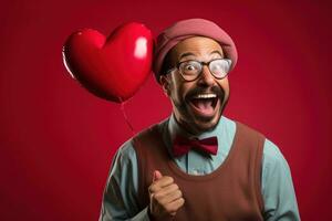 ai generato ritratto di un' contento uomo con un' rosso cuore su San Valentino giorno concetto. foto