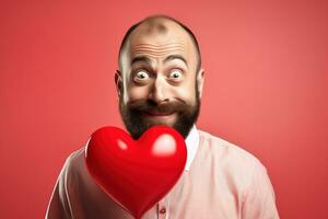 ai generato ritratto di un' contento uomo con un' rosso cuore su San Valentino giorno concetto. foto