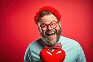 ai generato ritratto di un' contento uomo con un' rosso cuore su San Valentino giorno concetto. foto