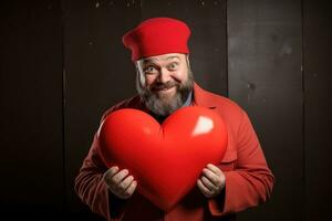 ai generato ritratto di un' contento uomo con un' rosso cuore su San Valentino giorno concetto. foto