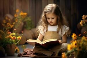 ai generato carino ragazza lettura un' libro. generativo ai. foto