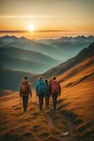 ai generato gruppo di escursionisti escursioni a piedi nel il montagne a tramonto. viaggio e avventura concetto, ai generativo. foto