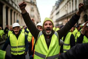 ai generato foto contento giocoso multietnico di lavoro duro e faticoso giorno celebrazione nel strada