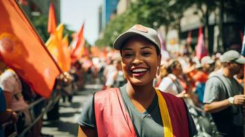 ai generato foto contento giocoso multietnico di lavoro duro e faticoso giorno celebrazione nel strada