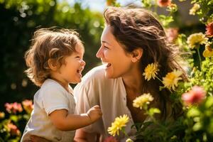 ai generato sorridente madre e bambino piccolo godendo tempo nel il fiore giardino foto