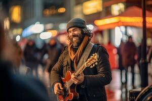 ai generato sorridente strada musicista l'esecuzione con chitarra nel sera città luci foto