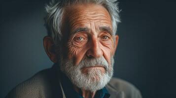 ai generato riflessivo anziano uomo con caratteristico viso su grigio sfondo foto