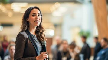 ai generato un' in bilico donna d'affari con un' microfono indirizzi un pubblico durante un' aziendale conferenza, in mostra efficace comunicazione. foto