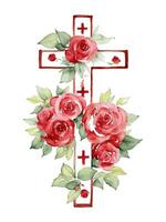 ai generato acquerello c cristiano attraversare con rosso Rose su un' bianca sfondo foto