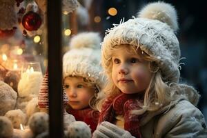 ai generato bambini guardare un' finestra di un' Natale negozio su Natale giorno foto