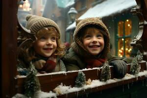 ai generato bambini guardare un' finestra di un' Natale negozio su Natale giorno foto