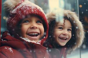 ai generato bambini guardare un' finestra di un' Natale negozio su Natale giorno foto