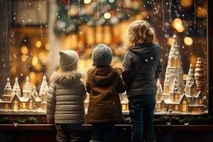 ai generato bambini guardare un' finestra di un' Natale negozio su Natale giorno foto