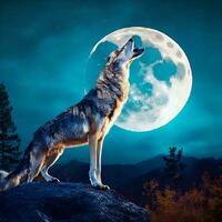 ai generato ululato lupo contro il pieno Luna sfondo e il natura selvaggia neurale Rete ai generato foto