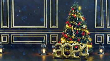 3d rendere di decorato Natale albero su sfocato sfondo e contento nuovo anno concetto 2024, 2024 palloncini foto