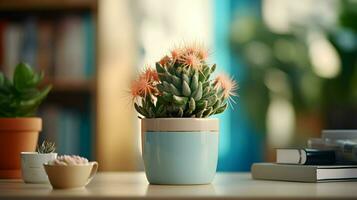 ai generato fiore pentola su un' ufficio scrivania, succulento cactus vaso, generativo ai foto