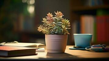 ai generato fiore pentola su un' ufficio scrivania, succulento cactus vaso, generativo ai foto