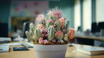 ai generato fiore pentola su un' ufficio scrivania, succulento cactus vaso, generativo ai foto