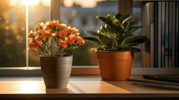ai generato fiore pentola su un' ufficio scrivania, succulento cactus vaso, generativo ai foto