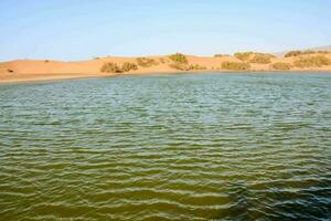 un' lago nel il deserto con sabbia dune nel il sfondo foto