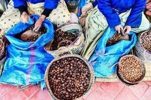 donne nel blu capi di abbigliamento siamo seduta su il terra con cesti di noccioline foto