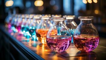 ai generato discoteca bar con illuminato Multi colorato bicchiere bottiglie su di legno contatore generato di ai foto