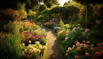 ai generato vivace colorato fiori fiorire nel un' tranquillo, paesaggistico formale giardino generato di ai foto