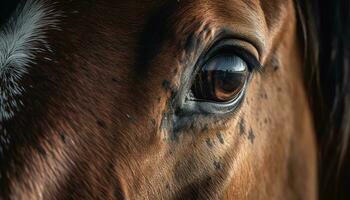 ai generato bellissimo cavallo con un' travolgente sguardo nel un' lussureggiante prato generato di ai foto