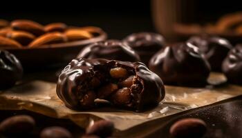 ai generato buio cioccolato dolce, fatti in casa caramella, buongustaio merenda, indulgenza nel malsano mangiare generato di ai foto