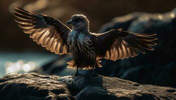 ai generato un' maestoso falco vola liberamente nel il tranquillo africano tramonto generato di ai foto