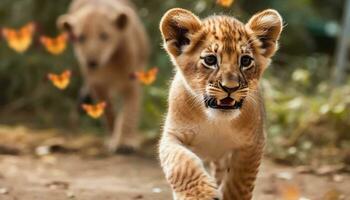 ai generato carino tigre cucciolo giocando nel il erba, guardare a telecamera generato di ai foto