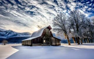 ai generato d'inverno abbraccio, incantevole innevato fienile nel rurale serenità foto