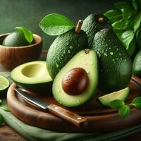 ai generato avocado con gocce acqua, maturo avocado, fetta avocado foto