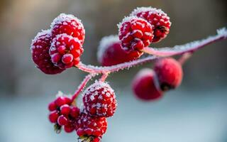 ai generato d'inverno bacio, incantevole brina coperta su mattina frutti di bosco foto