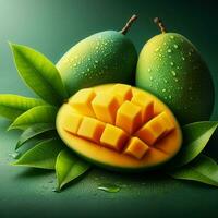 ai generato fetta maturo Mango con gocce, avvicinamento di Mango frutta foto